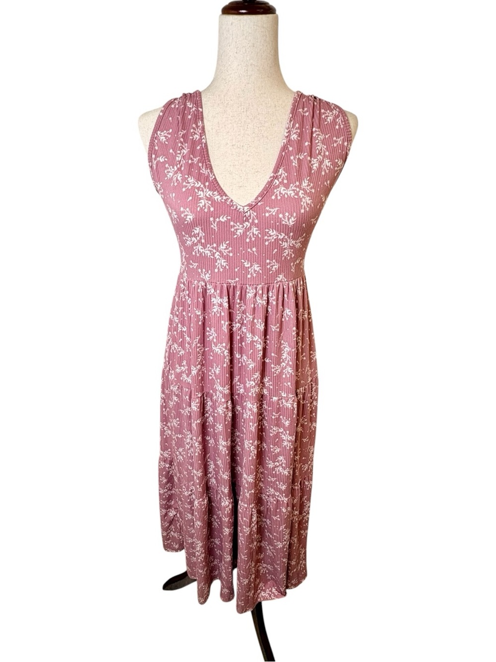 See You Monday Pink Floral Ribbed Midi Dress Boho Preppy Small